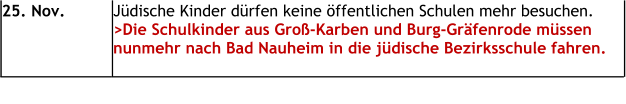 25. Nov. Jüdische Kinder dürfen keine öffentlichen Schulen mehr besuchen. >Die Schulkinder aus Groß-Karben und Burg-Gräfenrode müssen  nunmehr nach Bad Nauheim in die jüdische Bezirksschule fahren.