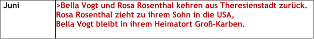 Juni >Bella Vogt und Rosa Rosenthal kehren aus Theresienstadt zurück.Rosa Rosenthal zieht zu ihrem Sohn in die USA, Bella Vogt bleibt in ihrem Heimatort Groß-Karben.