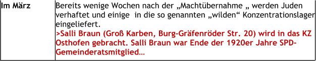 Im März Bereits wenige Wochen nach der „Machtübernahme „ werden Juden verhaftet und einige  in die so genannten „wilden“ Konzentrationslager eingeliefert.>Salli Braun (Groß Karben, Burg-Gräfenröder Str. 20) wird in das KZ Osthofen gebracht. Salli Braun war Ende der 1920er Jahre SPD-Gemeinderatsmitglied…