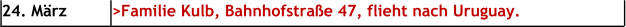 24. März >Familie Kulb, Bahnhofstraße 47, flieht nach Uruguay.