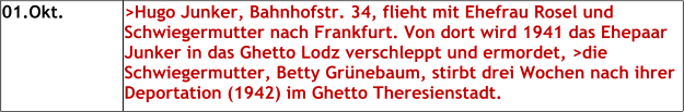 01.Okt.  >Hugo Junker, Bahnhofstr. 34, flieht mit Ehefrau Rosel und Schwiegermutter nach Frankfurt. Von dort wird 1941 das Ehepaar Junker in das Ghetto Lodz verschleppt und ermordet, >die Schwiegermutter, Betty Grünebaum, stirbt drei Wochen nach ihrer Deportation (1942) im Ghetto Theresienstadt.