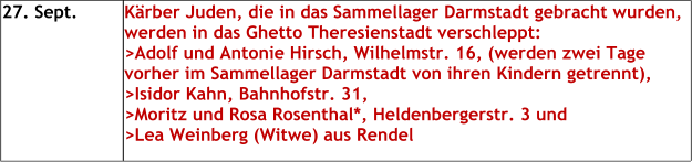 27. Sept. Kärber Juden, die in das Sammellager Darmstadt gebracht wurden, werden in das Ghetto Theresienstadt verschleppt:>Adolf und Antonie Hirsch, Wilhelmstr. 16, (werden zwei Tage vorher im Sammellager Darmstadt von ihren Kindern getrennt),>Isidor Kahn, Bahnhofstr. 31,>Moritz und Rosa Rosenthal*, Heldenbergerstr. 3 und >Lea Weinberg (Witwe) aus Rendel
